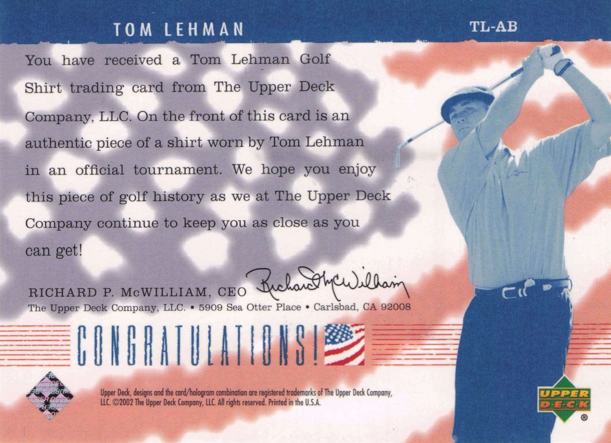 Tom Lehman America's Best 2002 Upper Deck Real Worn Golf Shirt Card