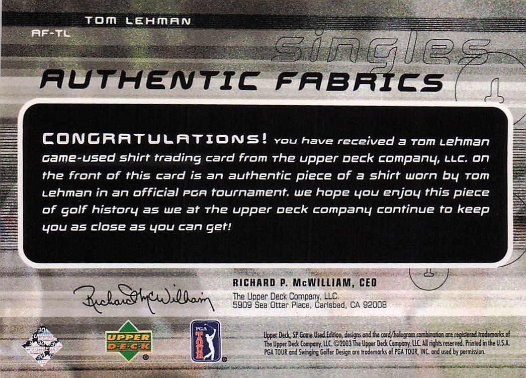 Tom Lehman Authentic Fabrics Singles 2003 Golf Upper Deck Worn Shirt Card