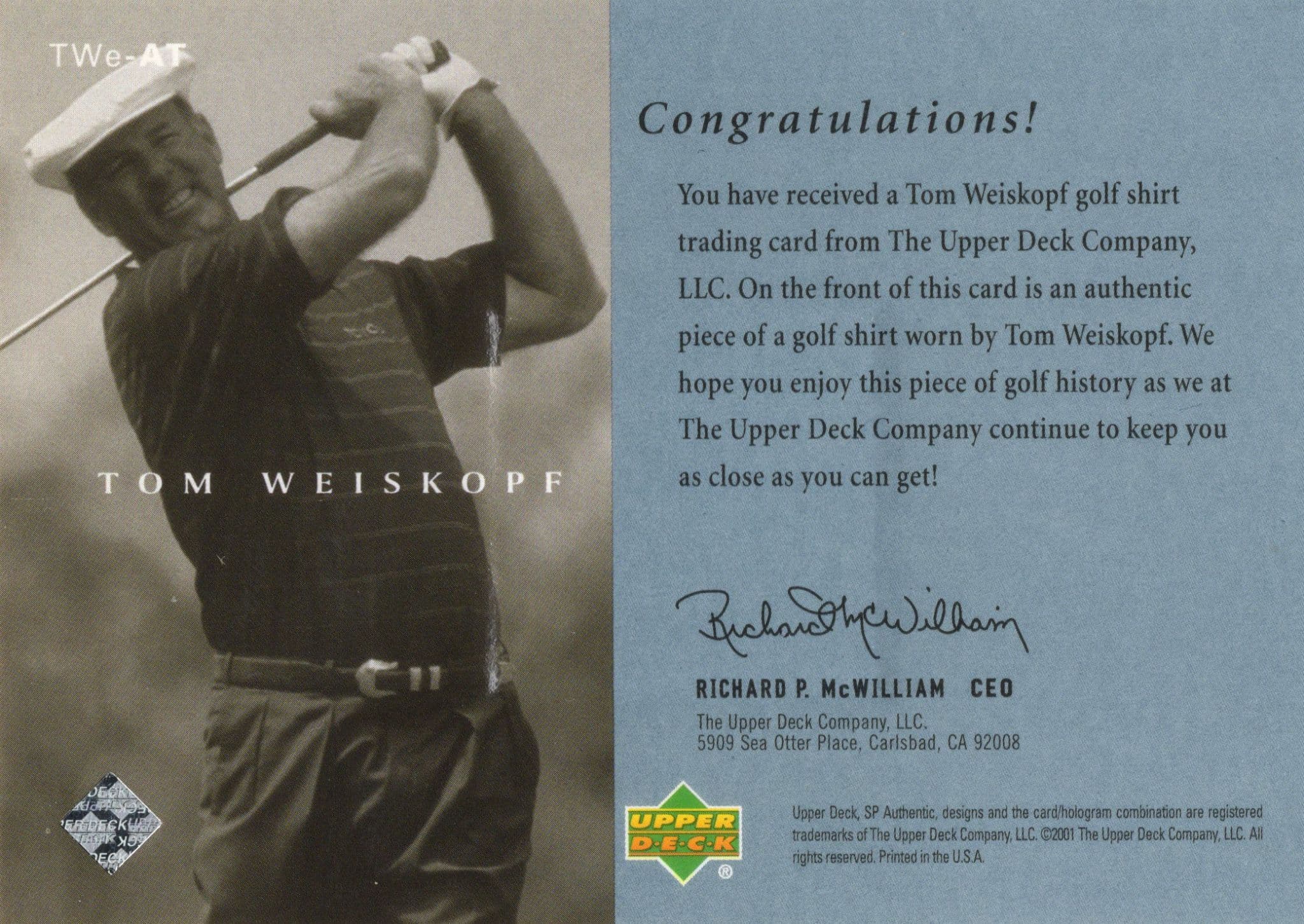Tom Weiskopf Original Worn Shirt Golf Tour Rare Limited Threads Card