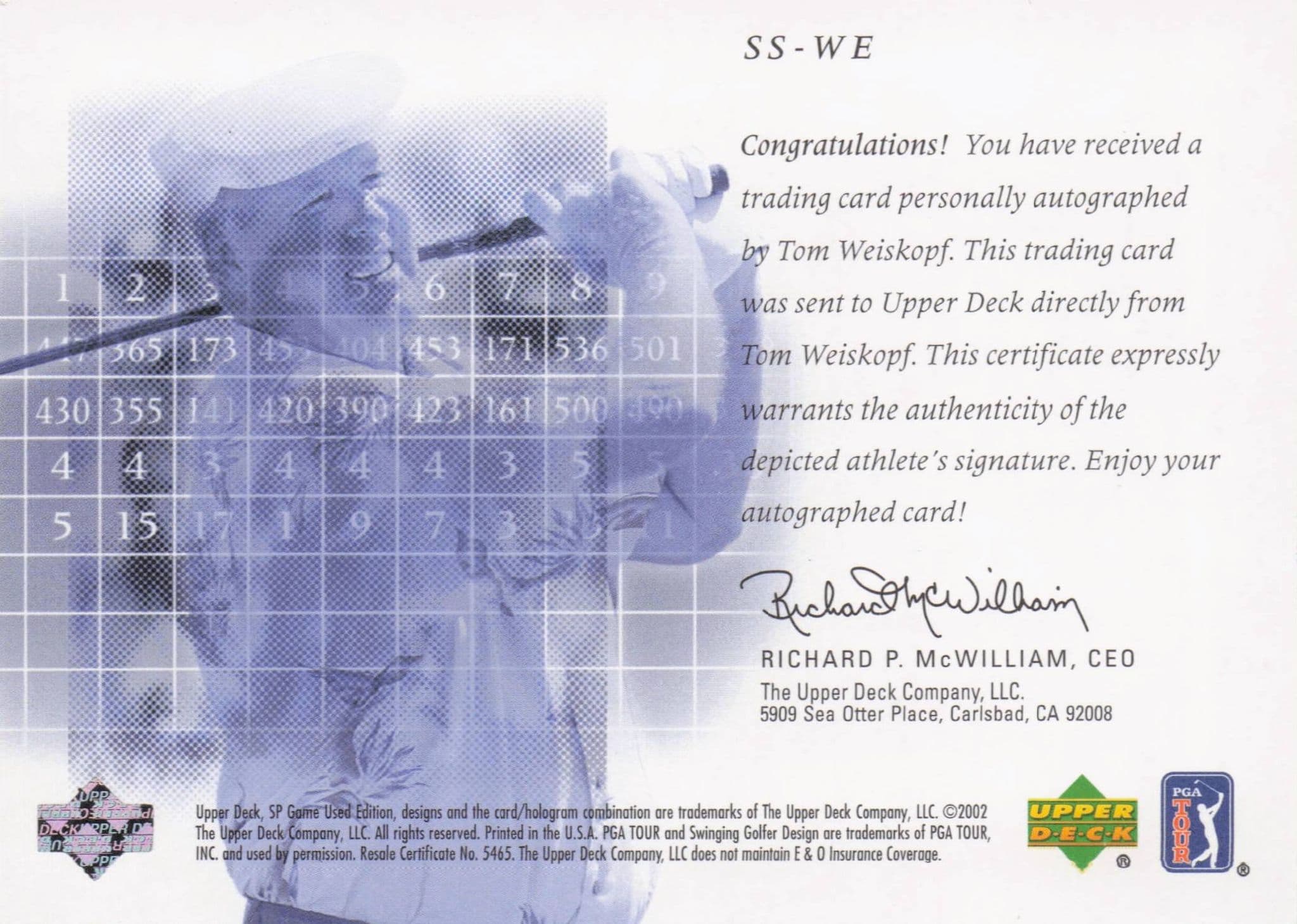 Tom Weiskopf Scorecard Signatures Hand Signed 2002 SP Golf Autograph Card