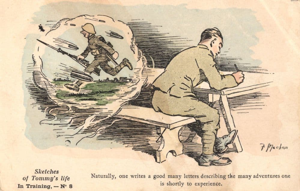 Tommy On WW1 Frontline Letters To Home Battle Comic Old Postcard