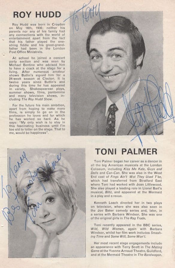 Toni Palmer Only Fools & Horses Roy Hudd 2x Hand Signed Autograph Page
