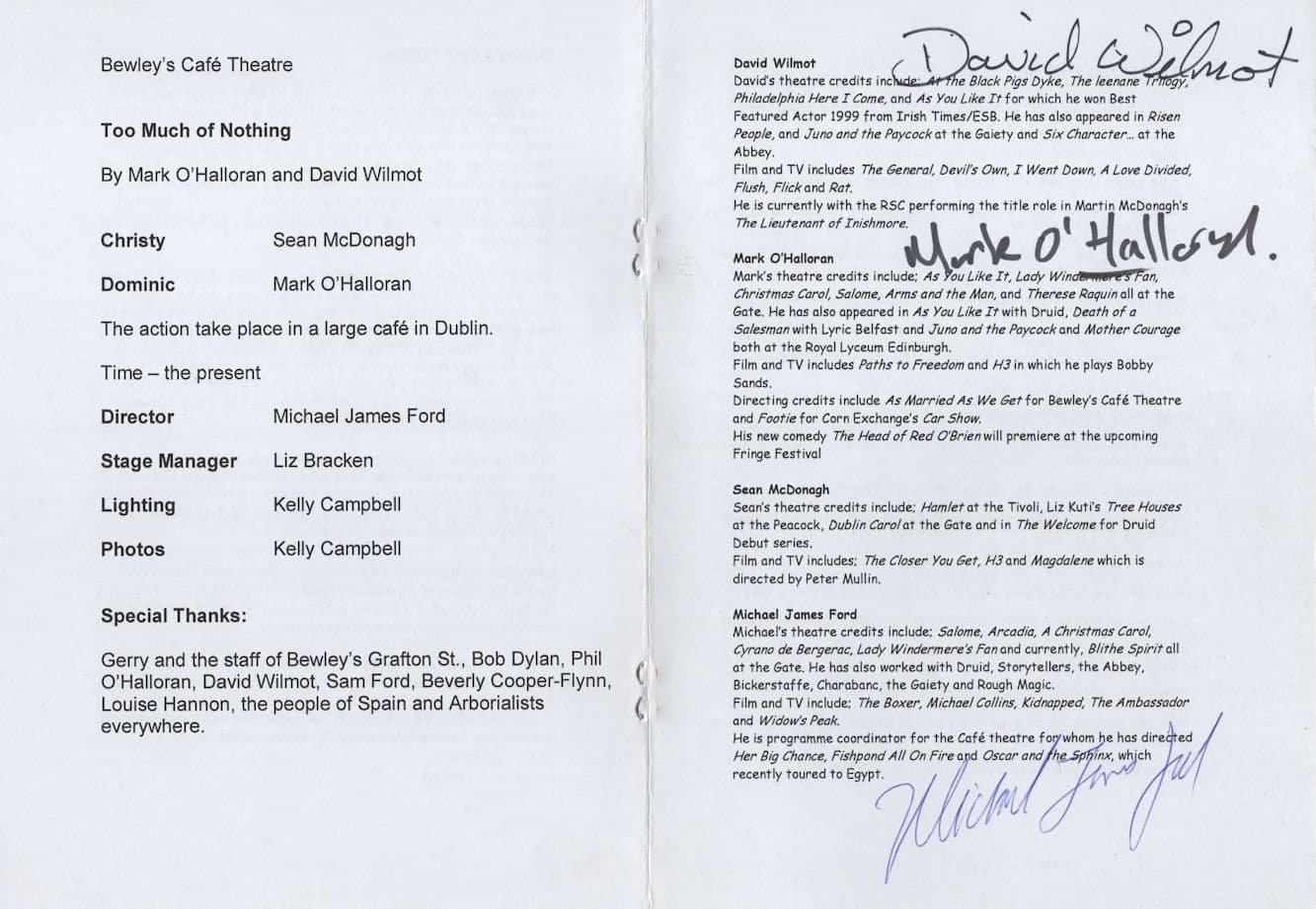 Too Much Of Nothing Bewleys Irish Cafe 3x Hand Signed Theatre Programme