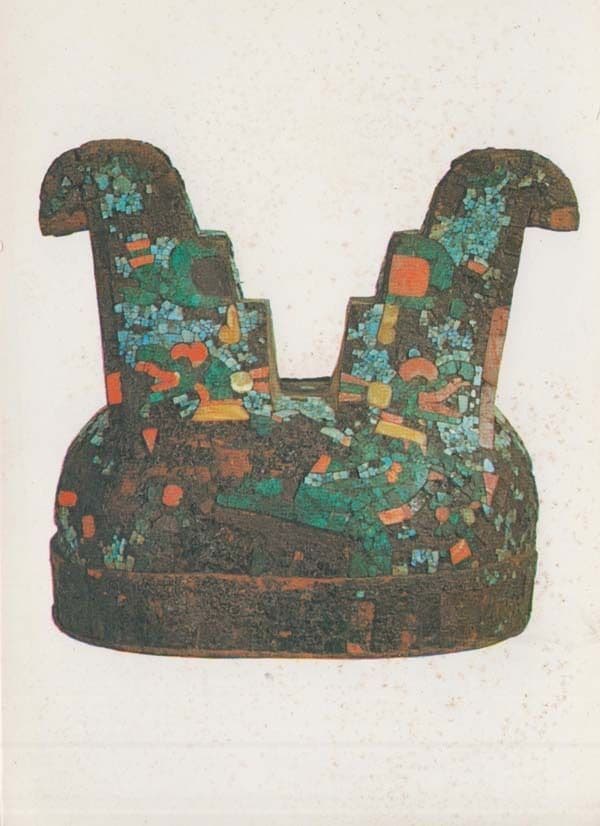 Torquise Mosaics Helmet Wooden Wood Shell Aztec Primitive Art Postcard