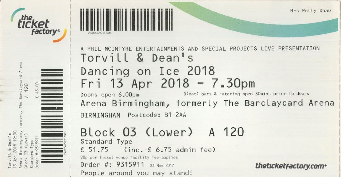 Torville & Dean Dancing On Ice 2018 Skating ROW A Ticket
