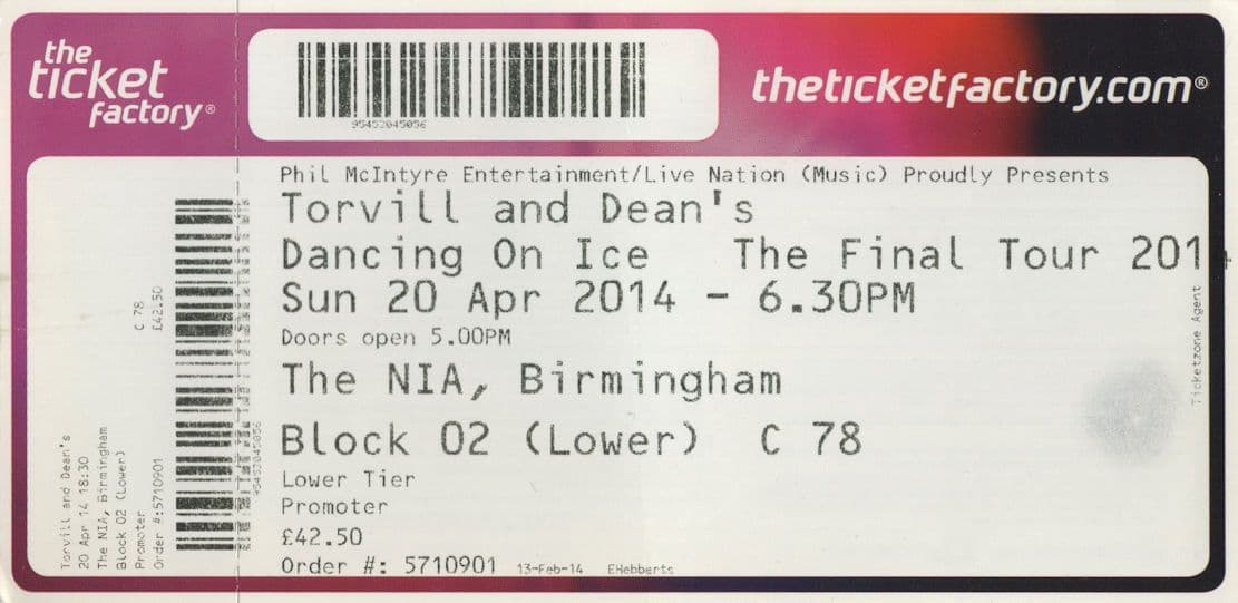 Torville & Dean Dancing On Ice Birmingham 2014 Skating Unused Theatre Ticket
