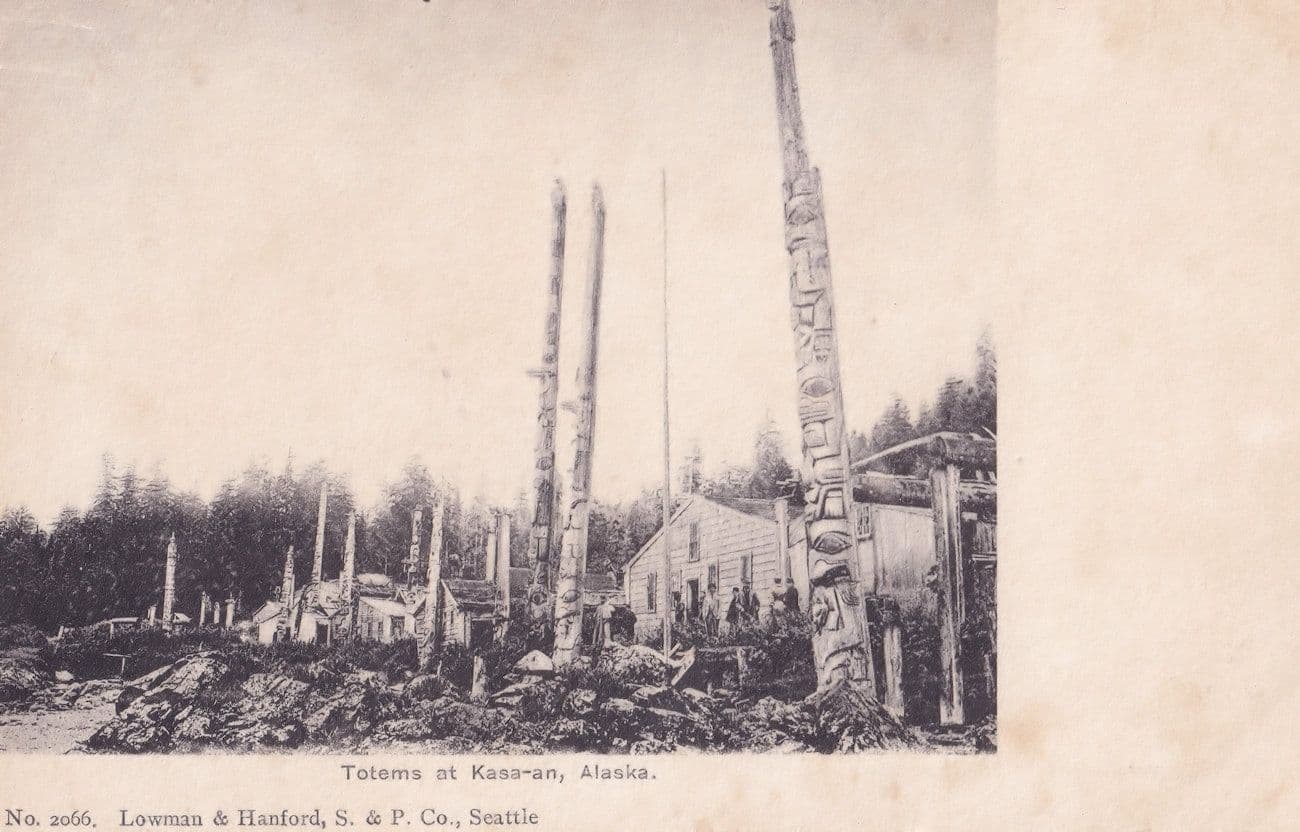 Totem Poles at Old Kassan Village Alaska Indian Antique Postcard