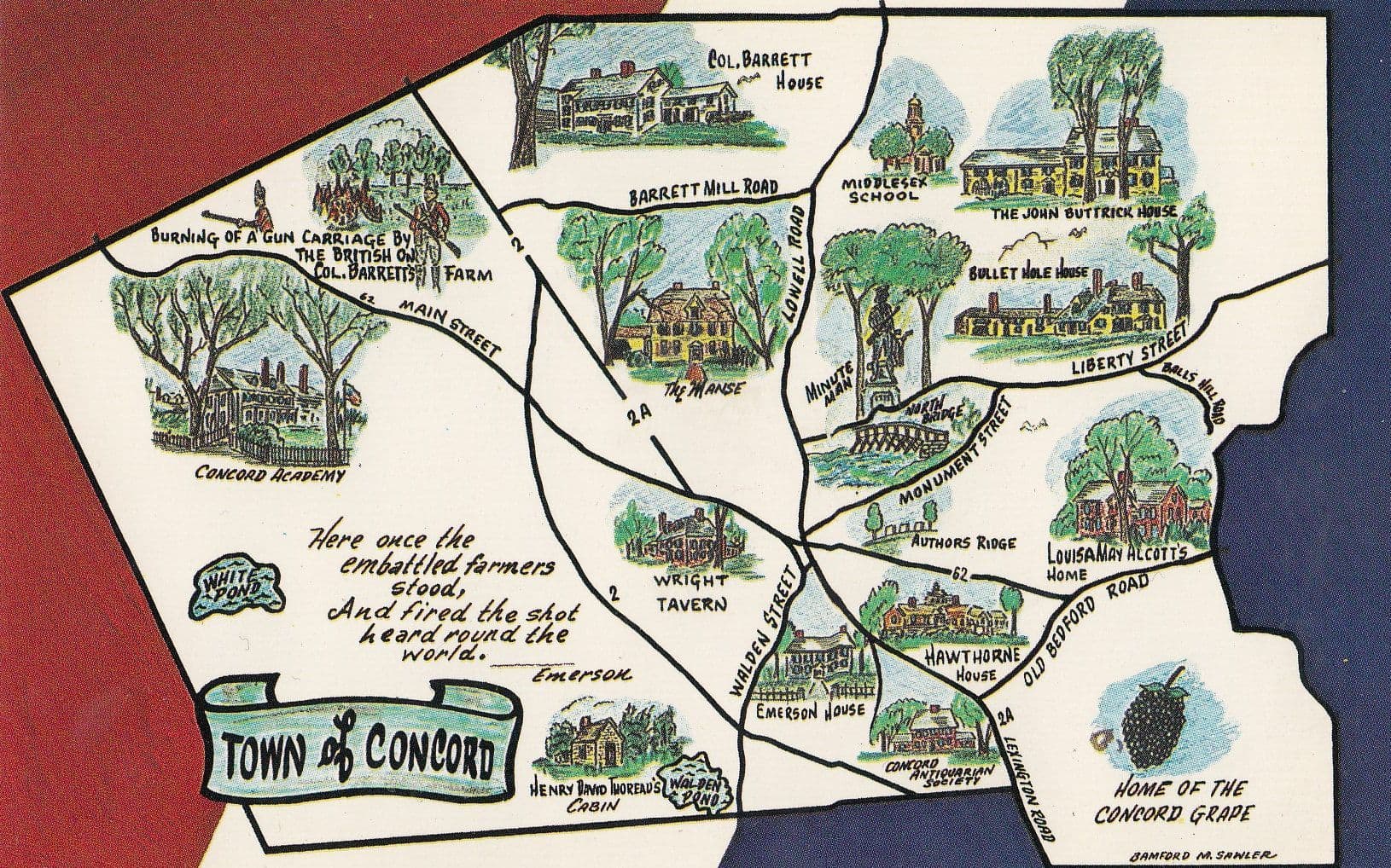 Town Of Concord Map Massachusetts Postcard