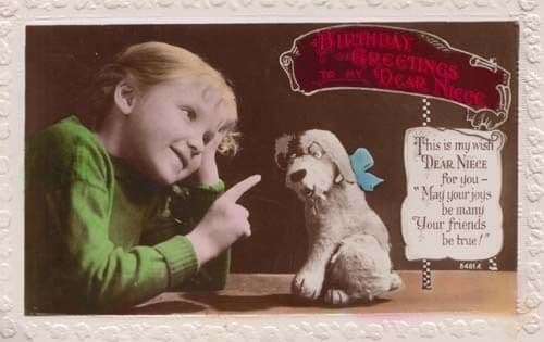 Toy Dog Motor Racing Chequered Flag Blue Bow Tie Real Old Photo Antique Postcard