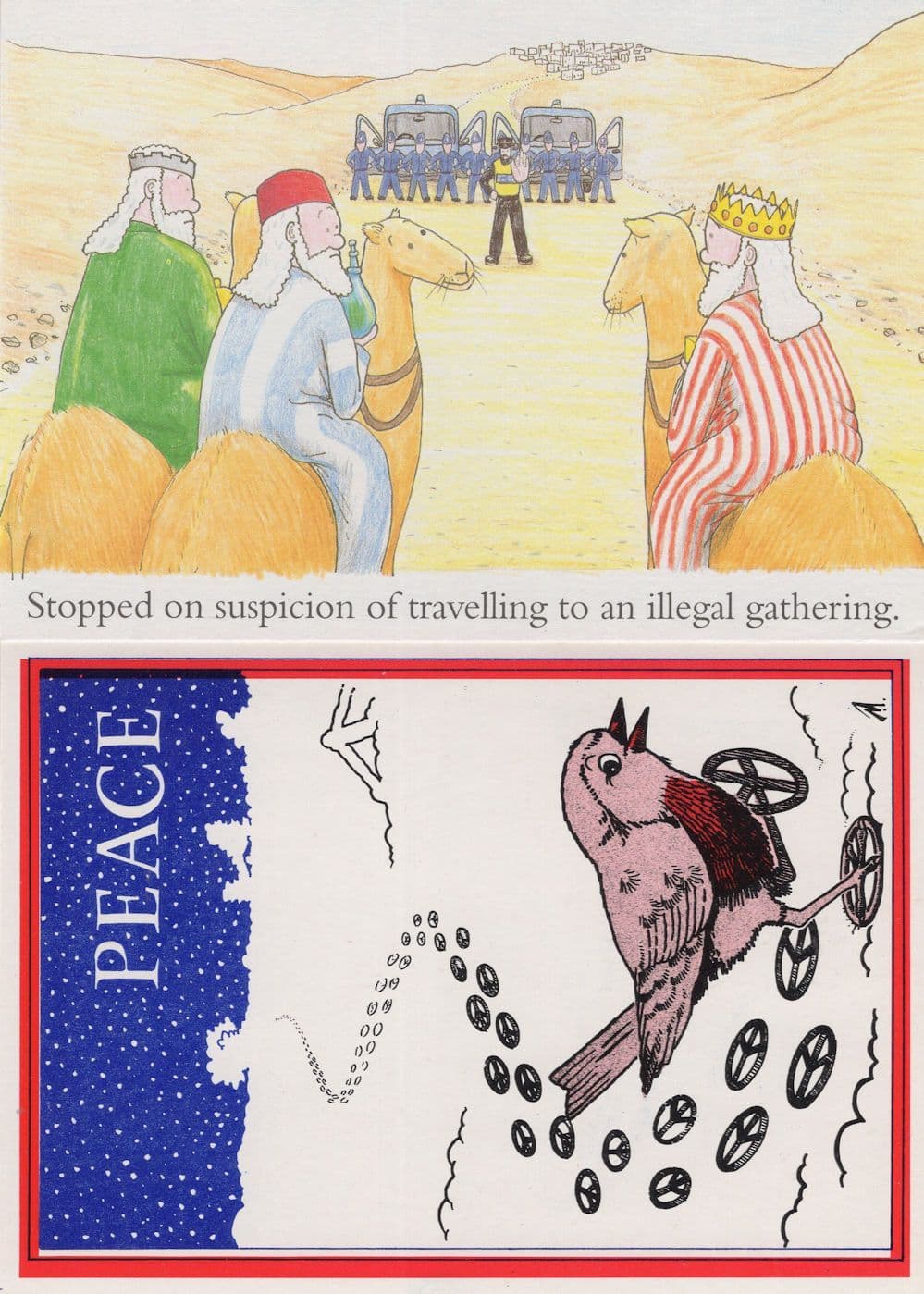 Traffic Police Stopping 3 Wise Men CND Robin 2x Christmas Postcard s