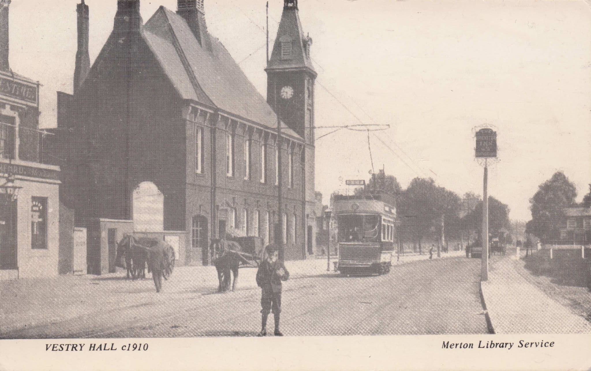 Tram at Vestry Hall Horse & Cart Morden Surrey Postcard