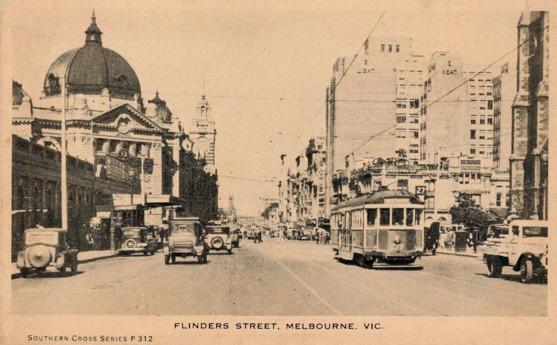 Tram Passing Chemist at Flinders Street Melbourne Australia Old Postcard