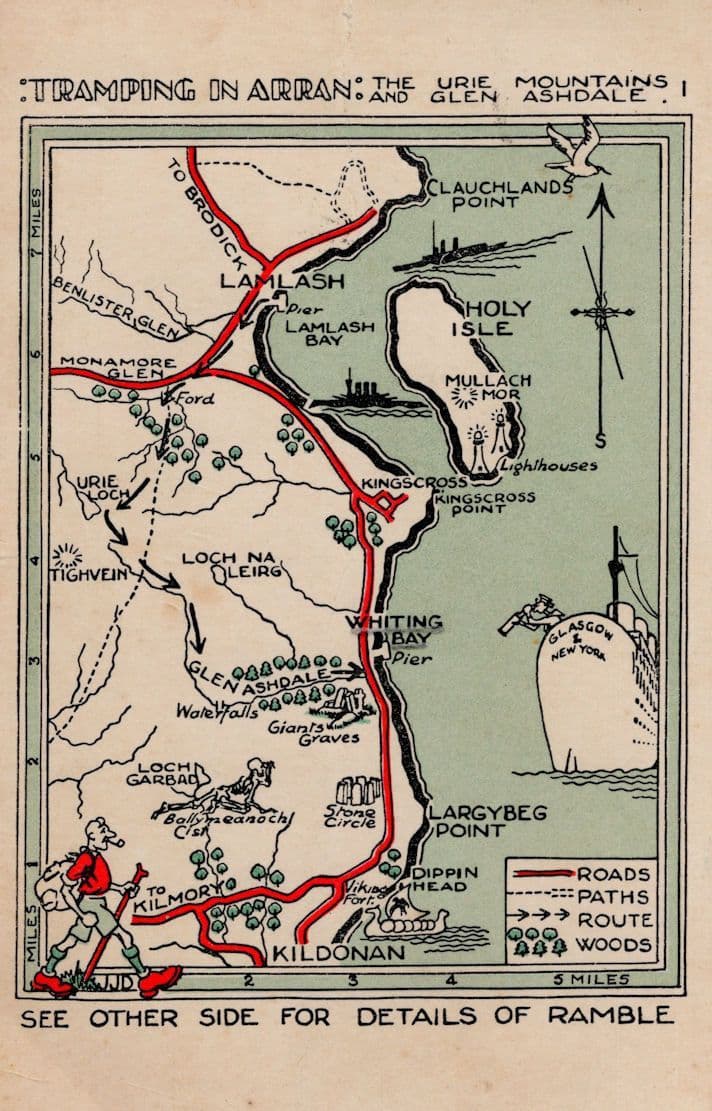 Tramping Rambling In Arran Antique Scottish Scotland Map Postcard