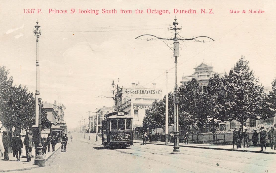 Trams at The Octagon Princes Street Dunedin New Zealand Old Postcard