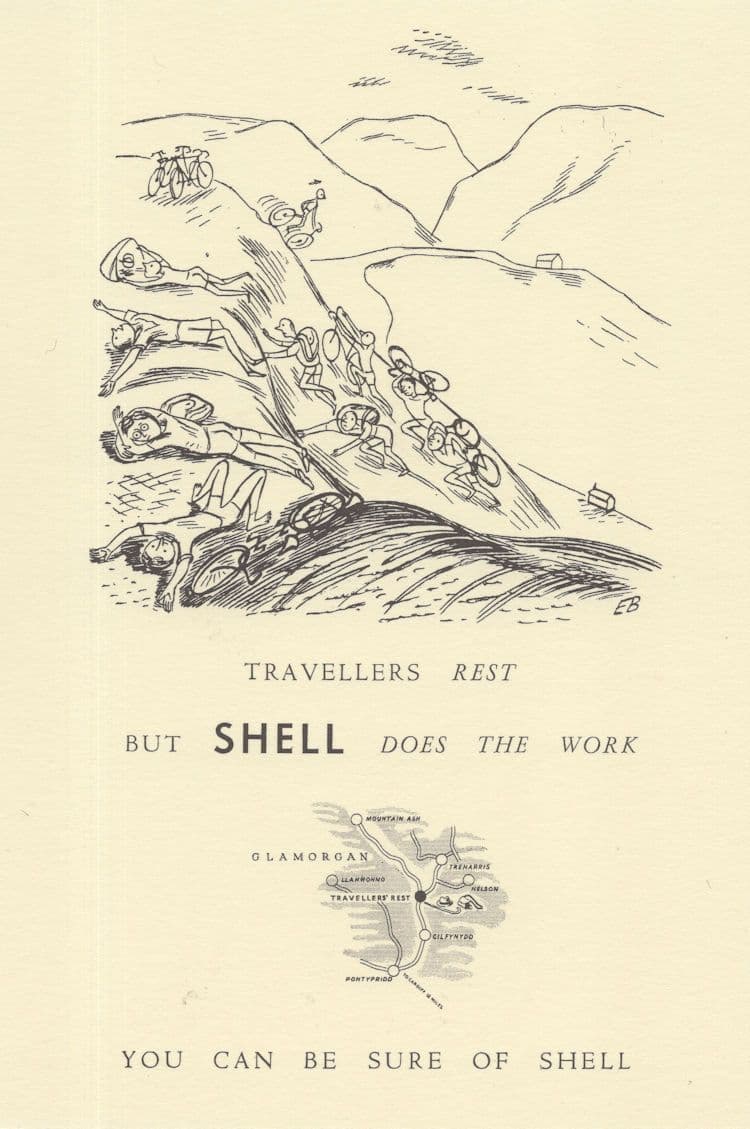 Travellers Rest in Wales Welsh Shell Petrol Bicycles Comic Postcard