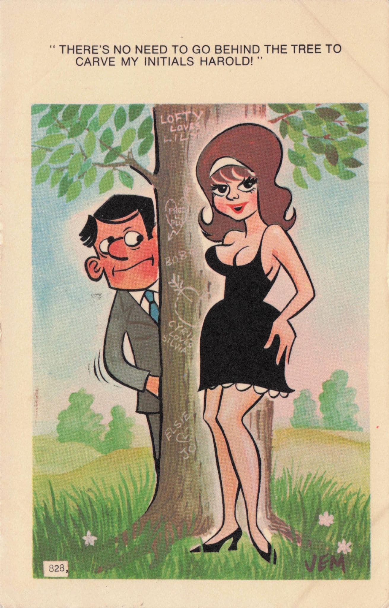 Tree Carving Name Carved in Forest Sexy Lady Old Comic Postcard