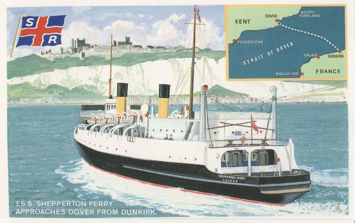 TSS Shepperton Ferry Ship Dover To Dunkirk Map Ticket Postcard