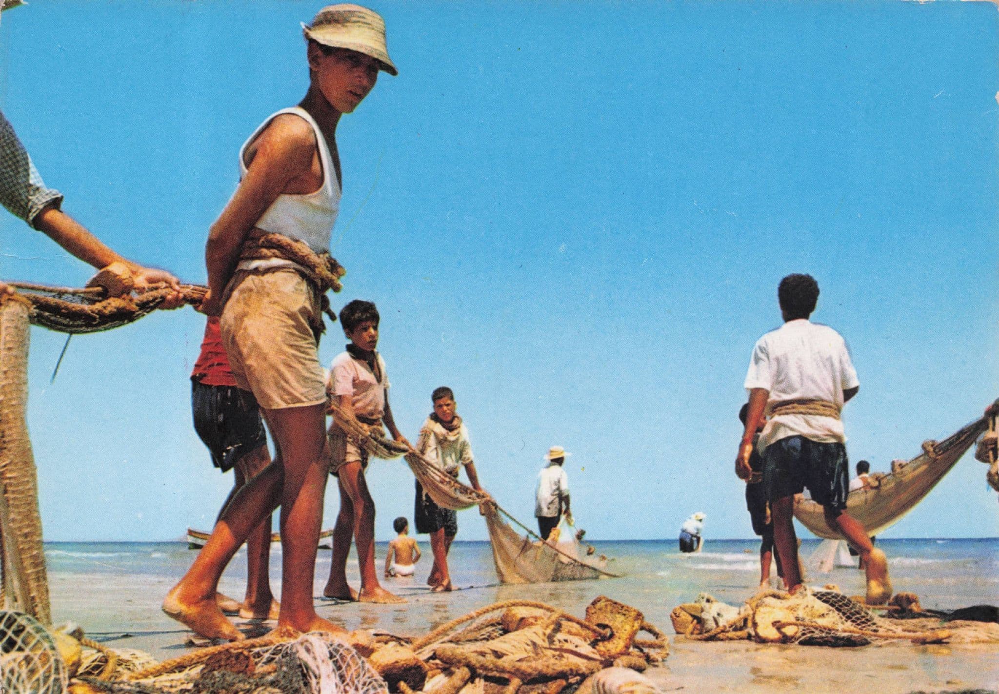 Tunisia Fishing Giant Nets Fisherman African Vintage Postcard
