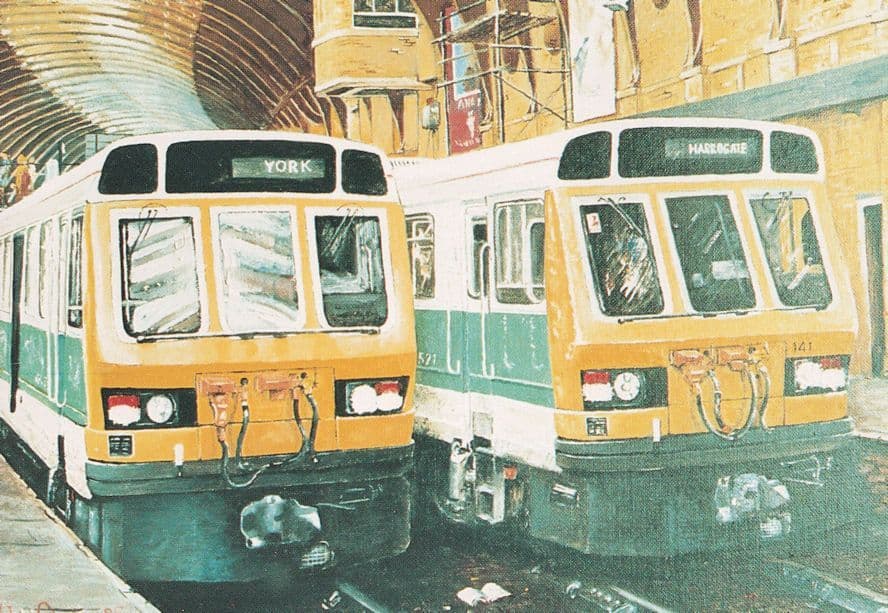 Twins At York Harrogate Yorkshire Trains Painting Postcard