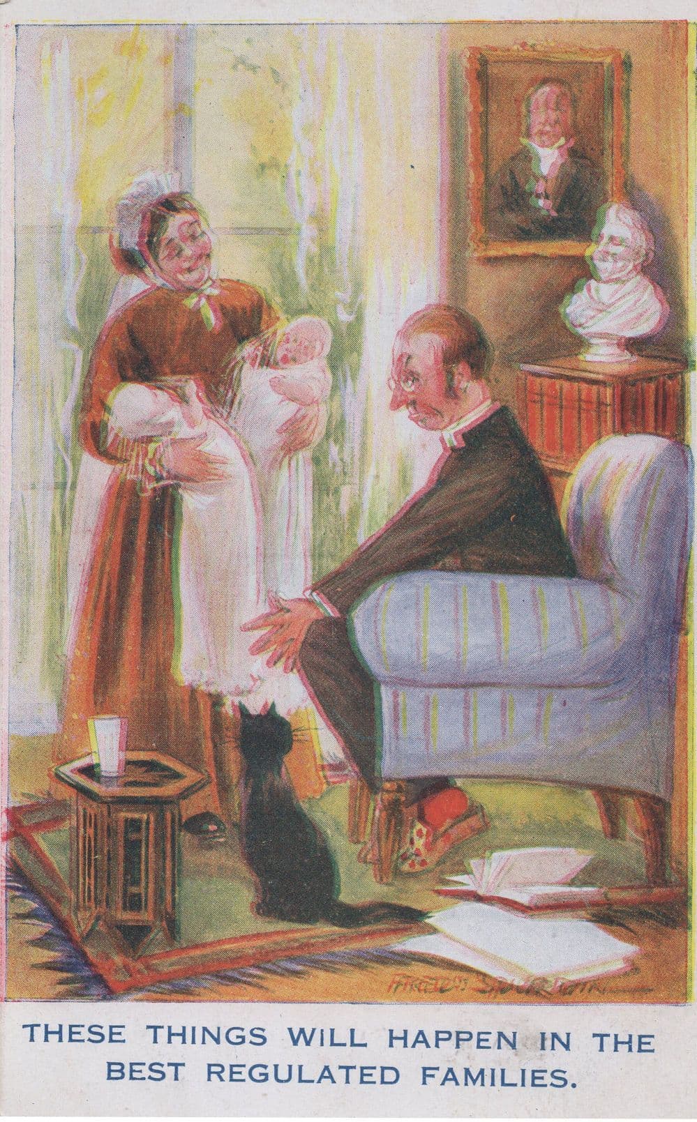 Twins Disaster Childbirth Best Regulated Families Old Comic Postcard