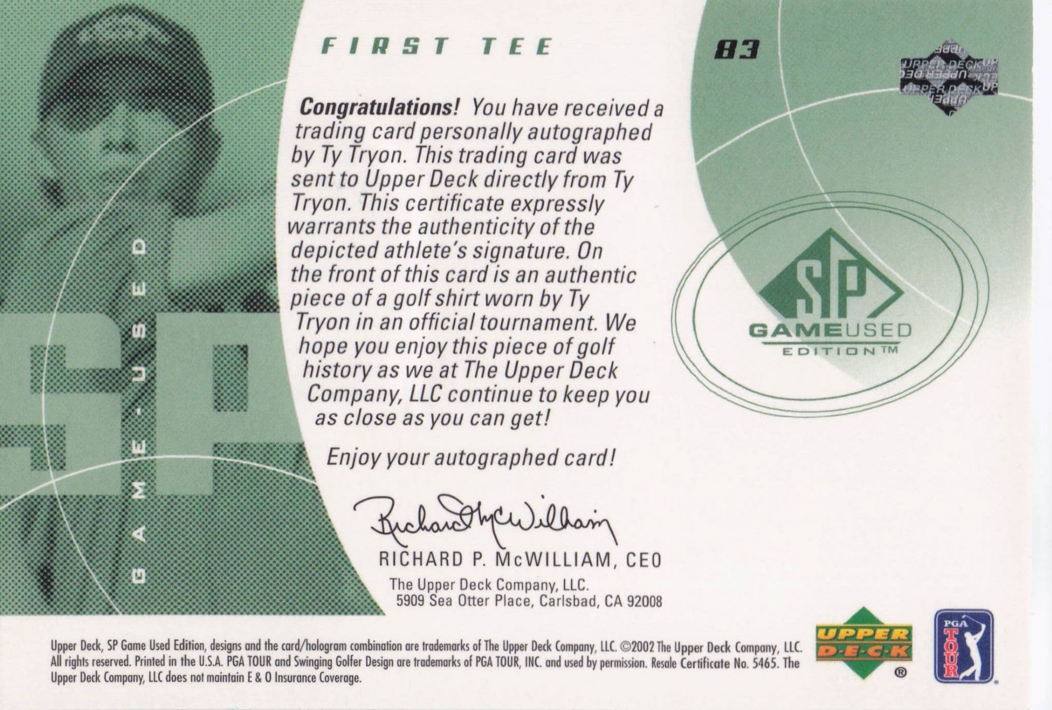 Ty Tryon First Tee 2002 Golf Upper Deck Hand Signed Worn Shirt Card