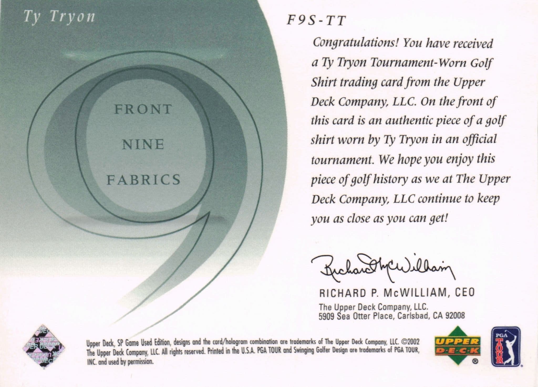 Ty Tryon Front 9 Fabric 2002 Upper Deck Authentic Shirt Card