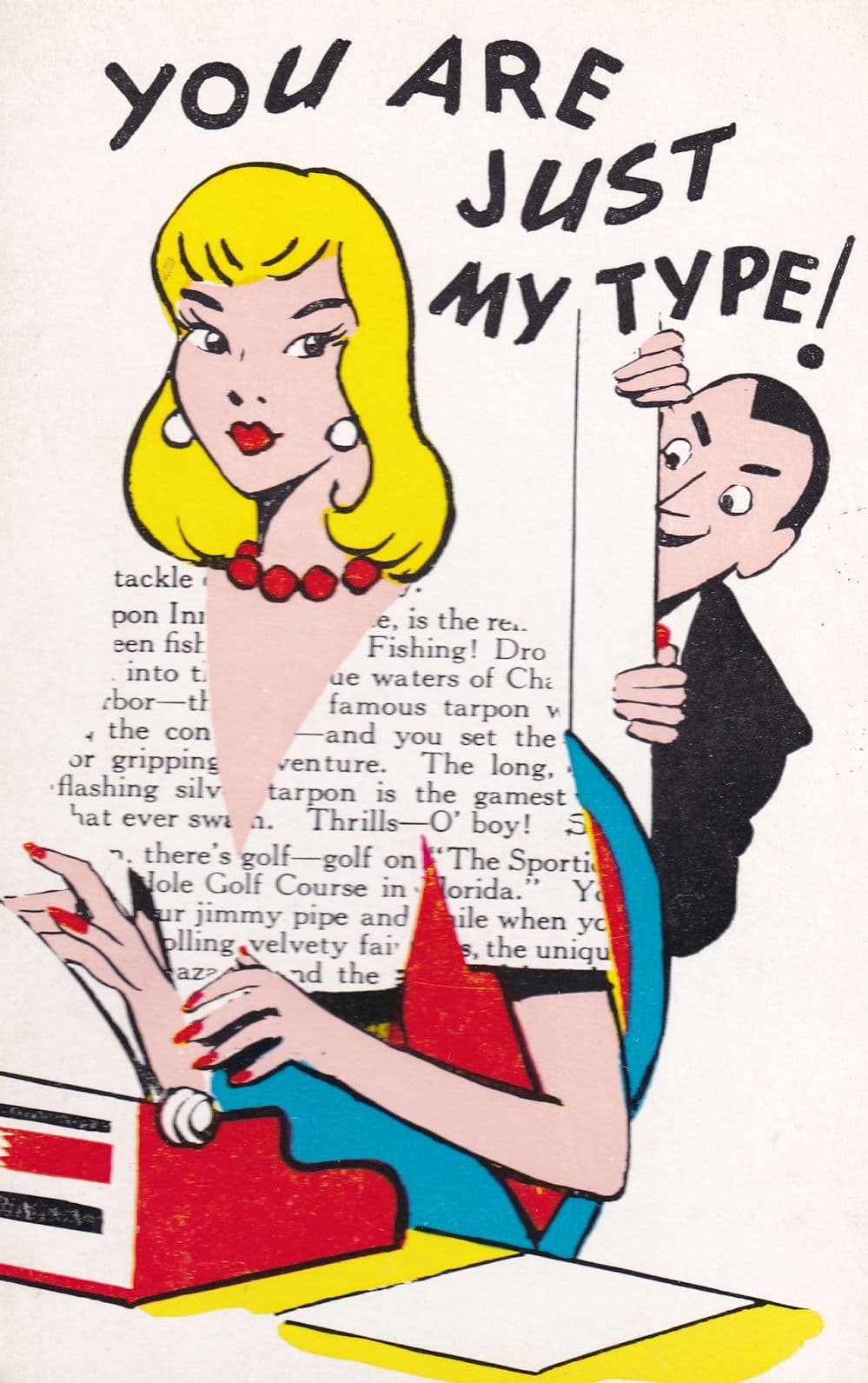 Typewriter Secretary 1970s Fishing Golf Blouse Comic Postcard
