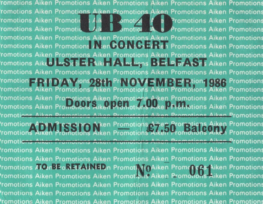 UB40 Ulster Hall Irish Belfast Vintage 1986 Concert Ticket