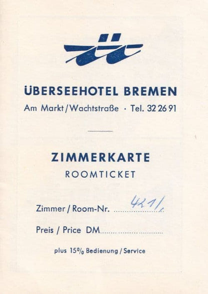 Uberseehotel Bremen Hotel Room Map Ticket Old German Ephemera
