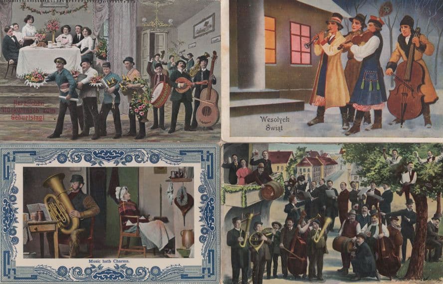 Ukulele German Polish Tuba Musician Street Entertainers 4x Old Comic Postcard s