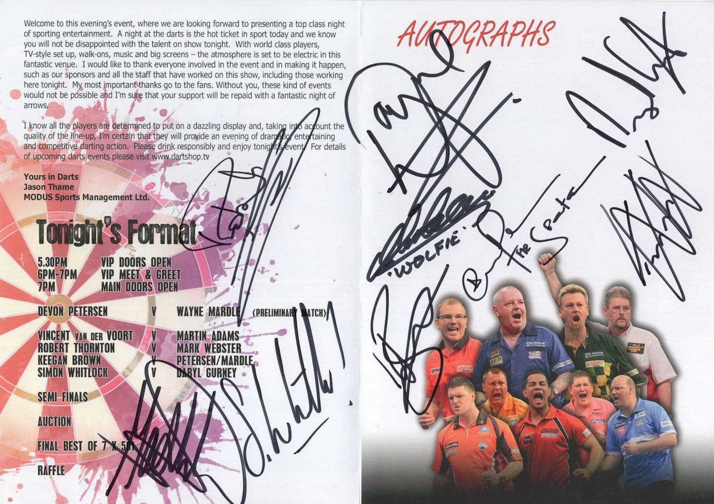 Ultimate Simon Whitlock Martin Adams Mark Webster 9X Darts Hand Signed Programme