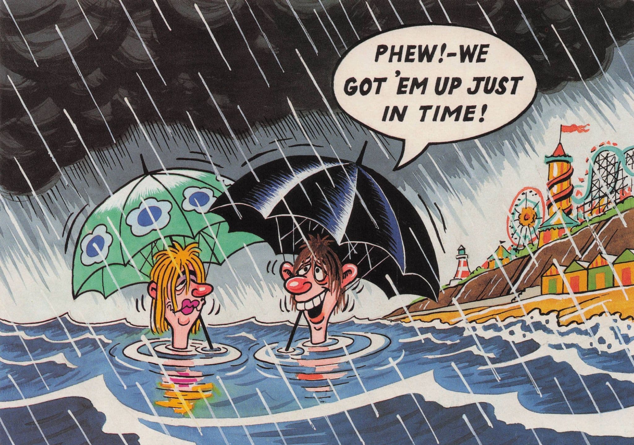 Umbrella Seaside Resort Fun Fair Holiday Disaster Floods Comic Postcard