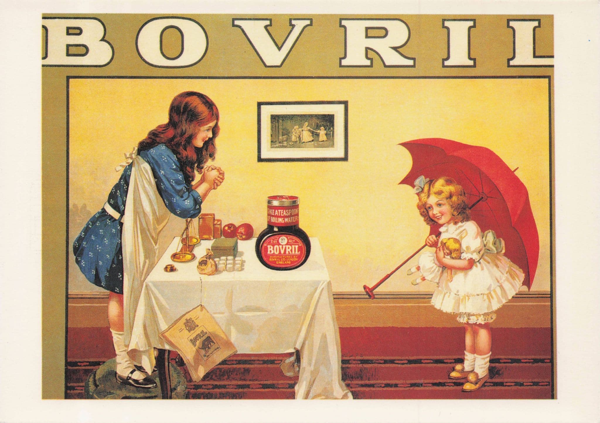 Umbrella Wet Child Dries Off With Bovril Advertising Postcard