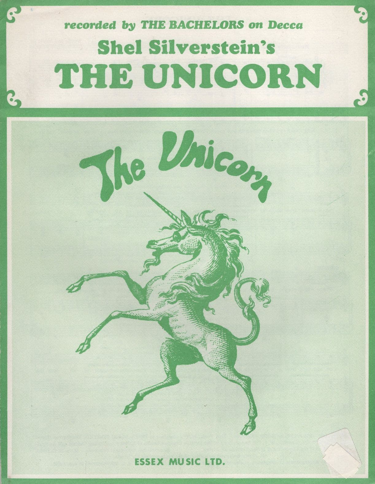 Unicorn Shel Silverstein The Bachelors  Sheet Music
