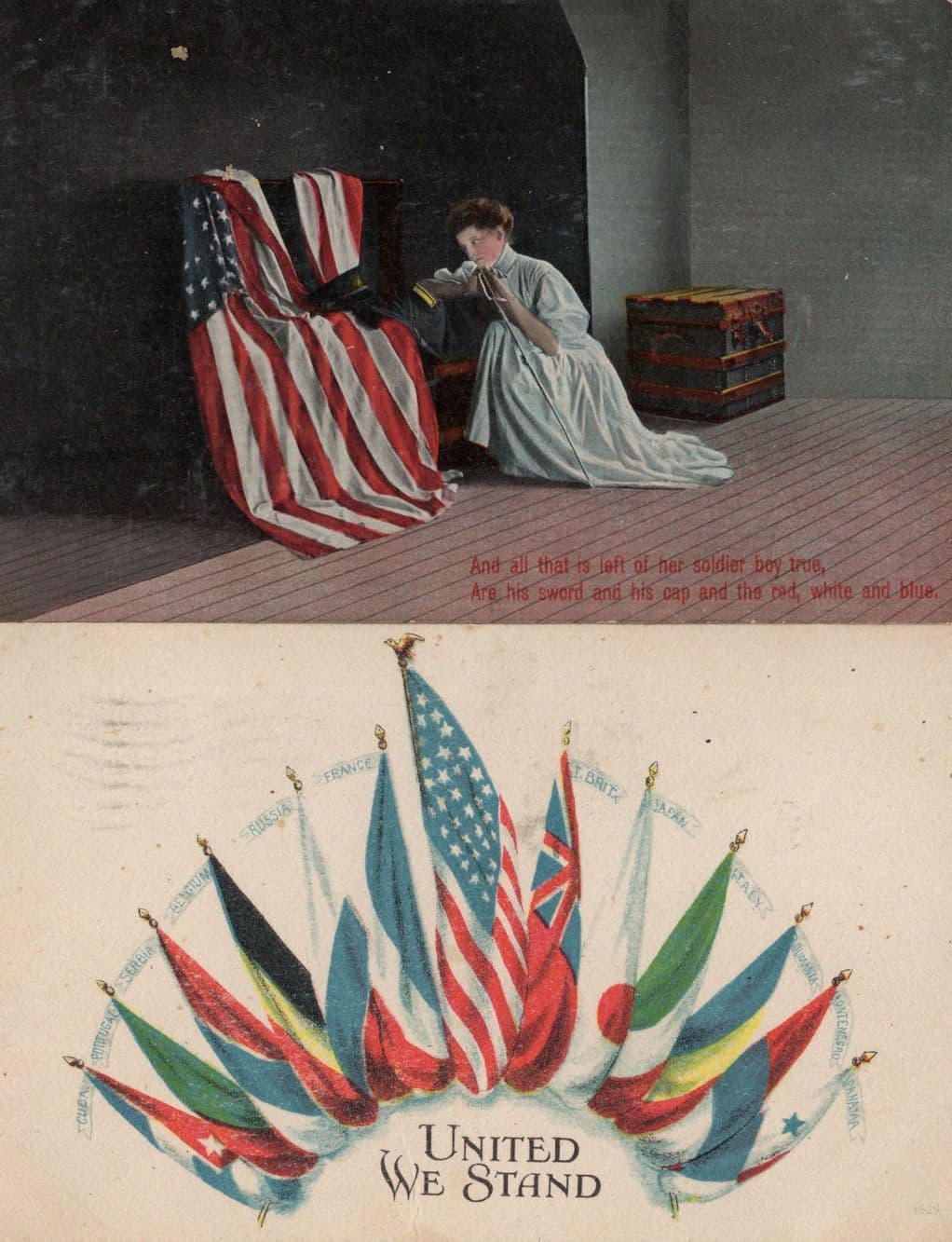United We Stand Soldier Boy 2x USA Military Flags Old American Postcard s