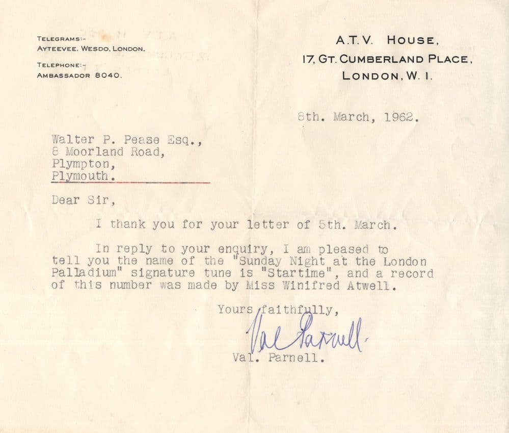 Val Parnell ATV MD Julie Andrews ITV Launch Antique Hand Signed Letter