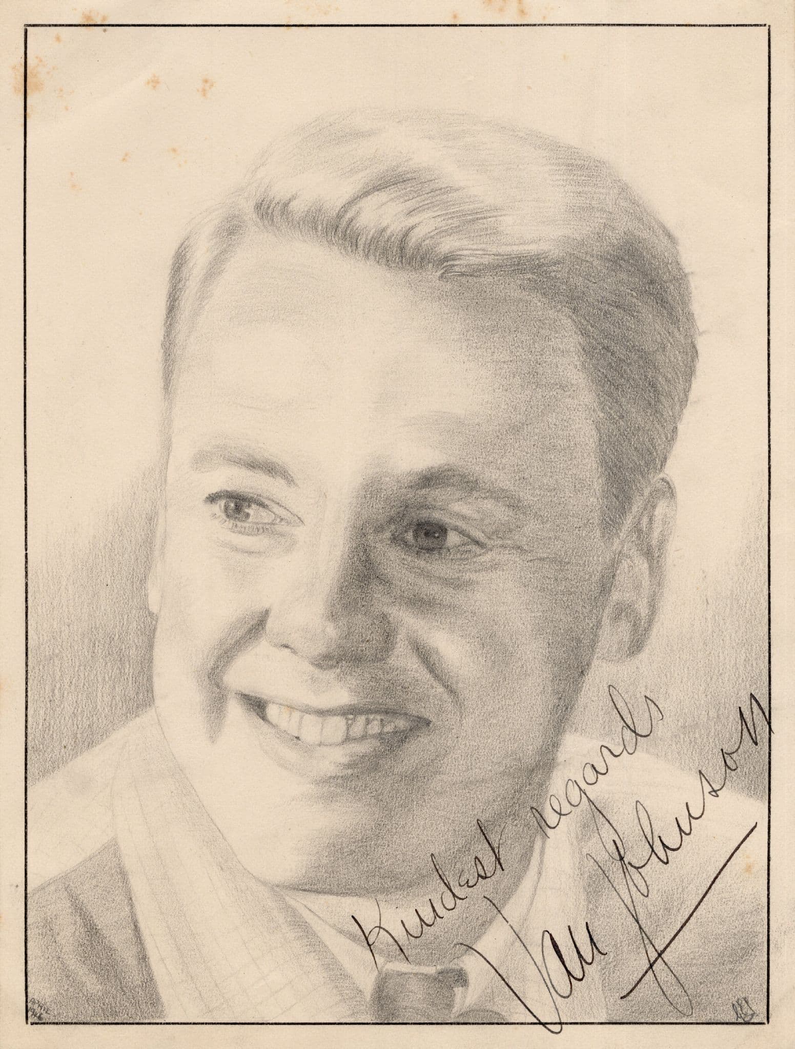 Van Johnson Film Actor Antique Large Hand Signed Painting Old Drawing