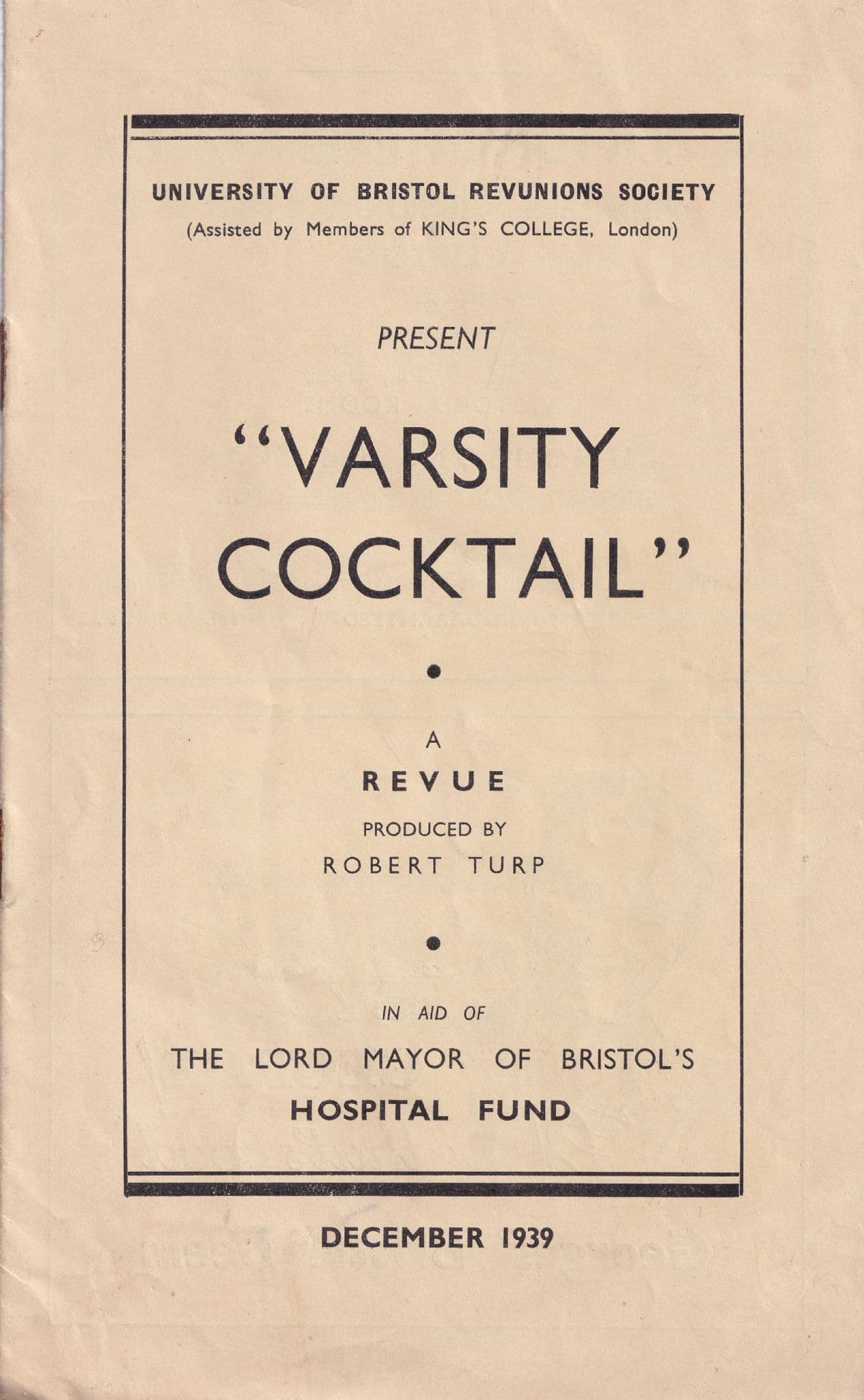 Varsity Cocktail 1939 WW2 Hospital Fund Musical Bristol Theatre Programme