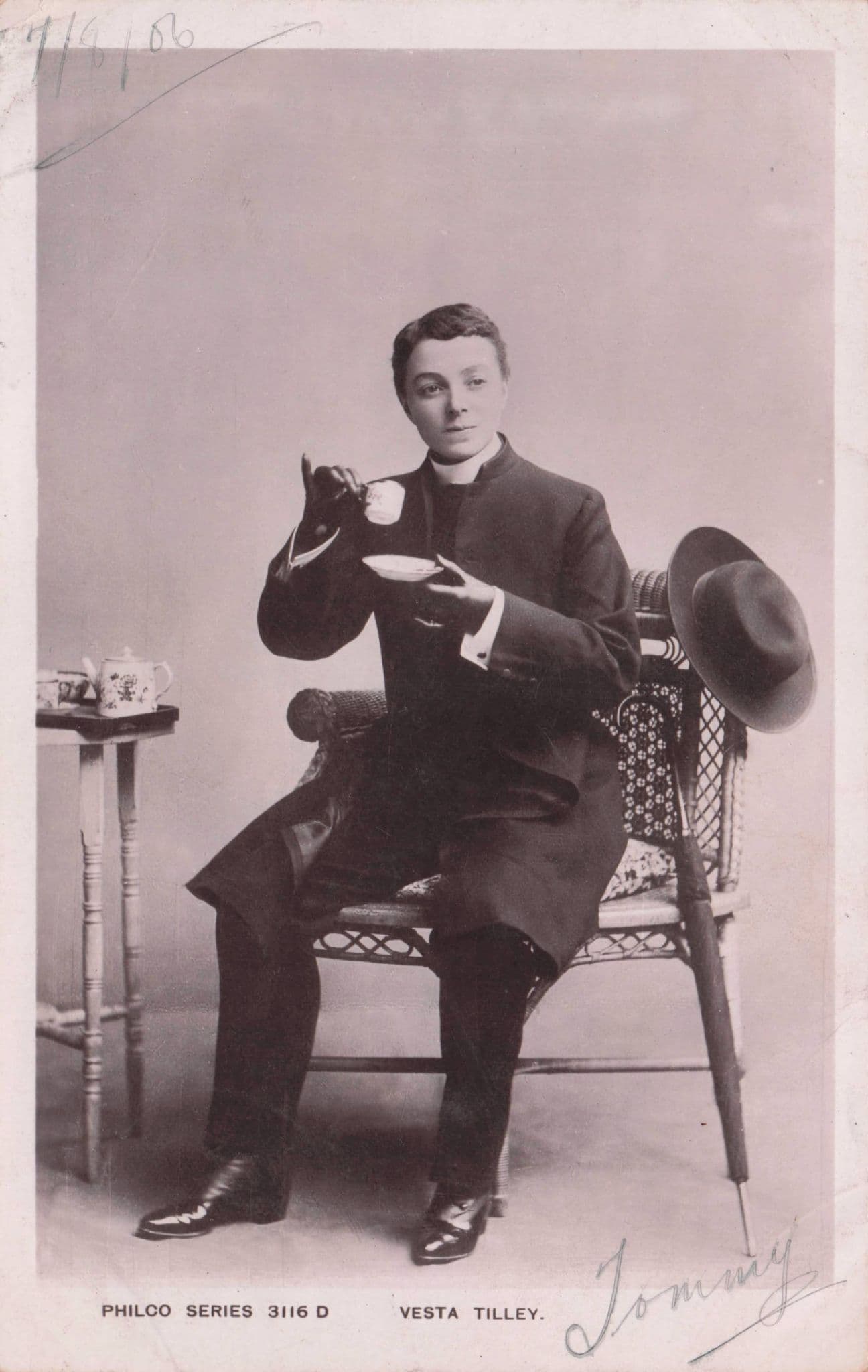 Vesta Tilley LGBT as Gentleman Drinking Tea Philco Rare Old Postcard
