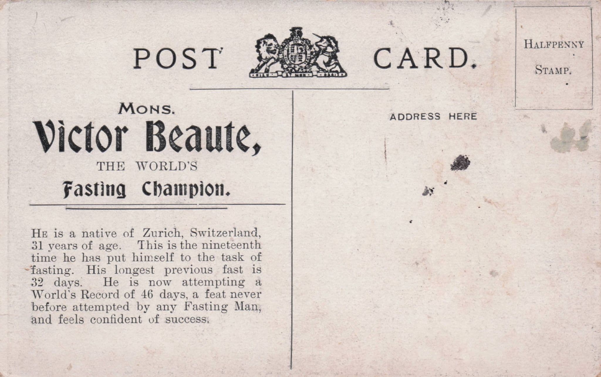 Victor Beaute 46 Days No Food Fasting Swiss Record Breaker Old Postcard