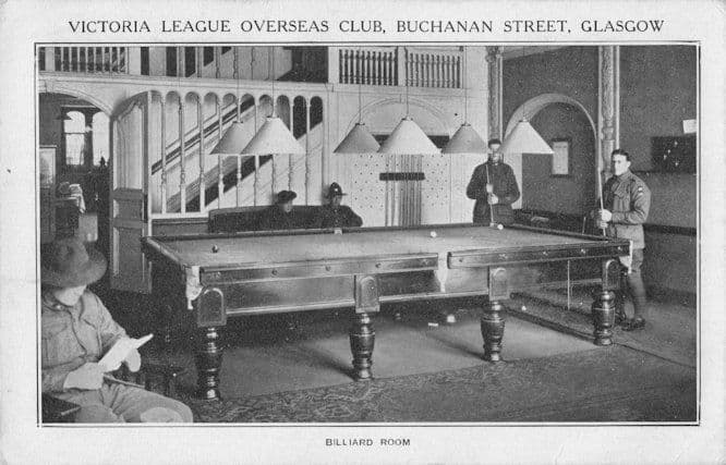 Victoria League Overseas Military Army Club Glasgow Billiards WW1 Old Postcard