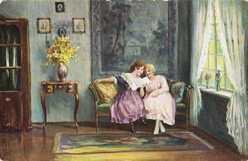 Victorian Dress Lady Reading Share Tell Say A Secret Whispering Antique Postcard