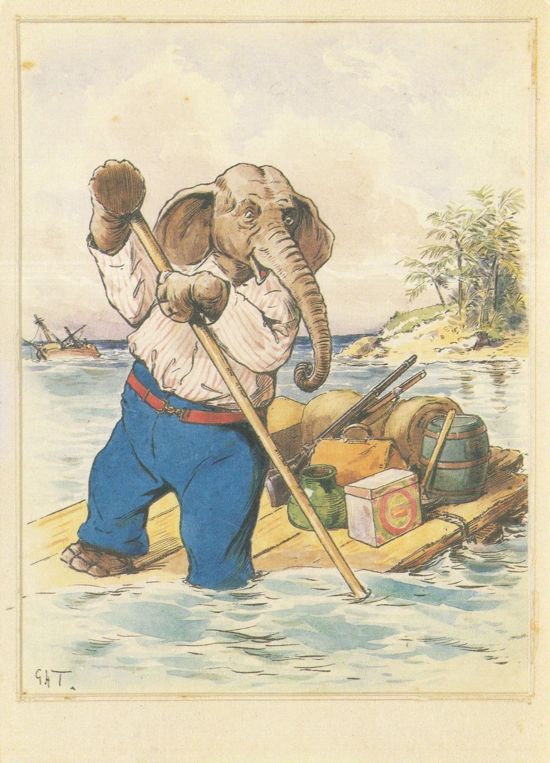 Victorian Elephant On Raft 1800s Renier Collection Painting Postcard