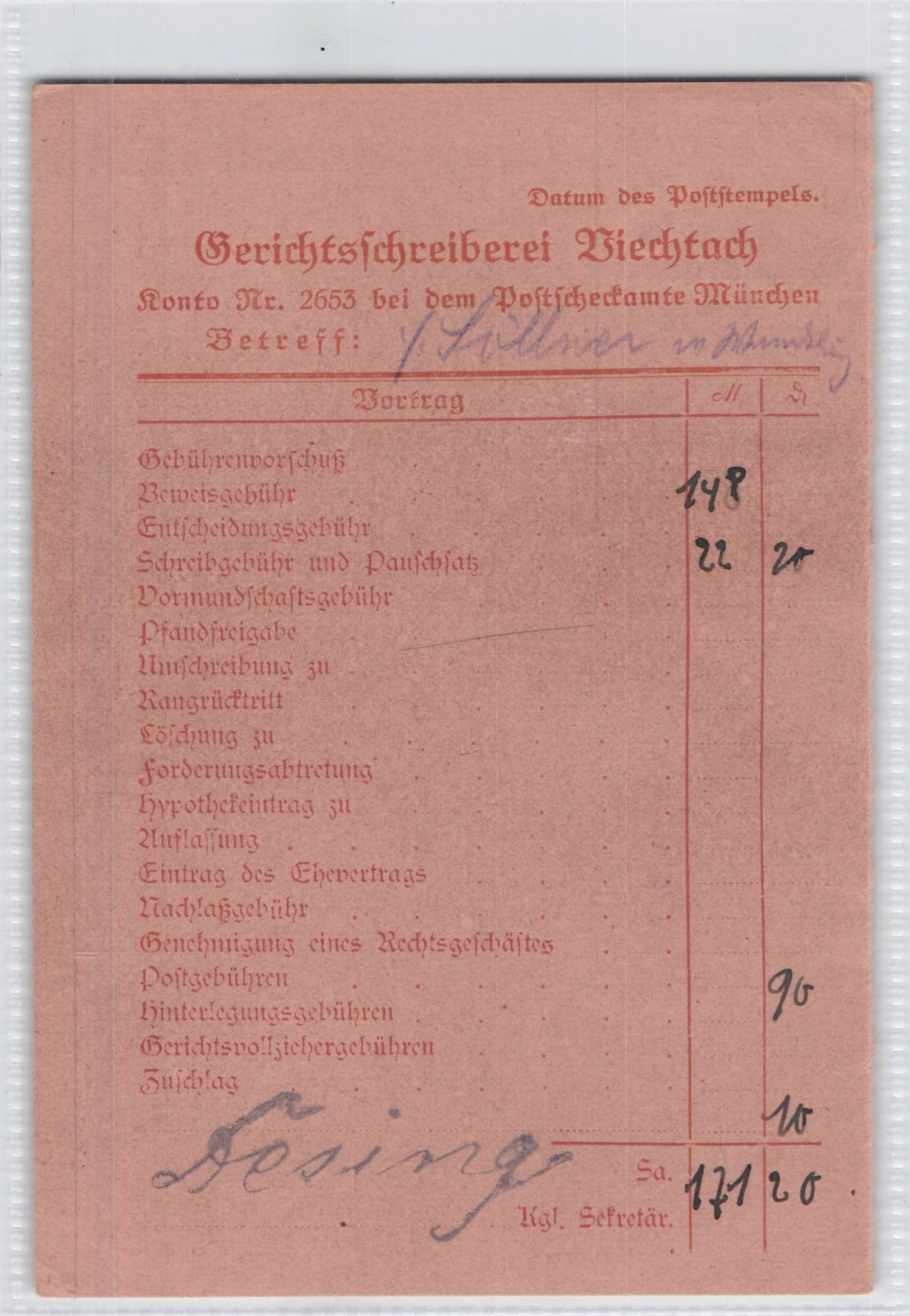 Viechtach Court Clerk Germany Antique Legal Receipt Postcard