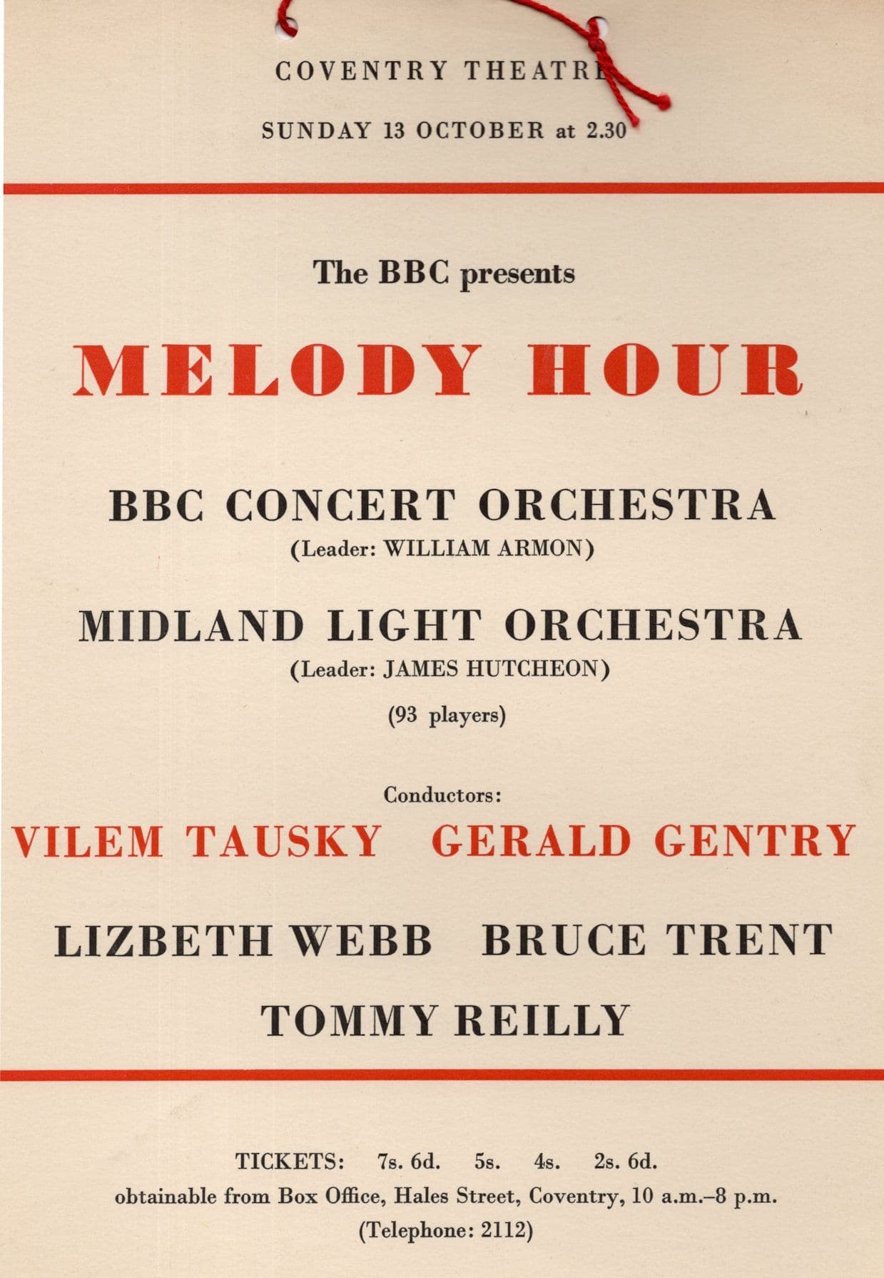 Vilen Tausky Gerald Gentry BBC Midland Orchestra old Hanging Card Concert Poster