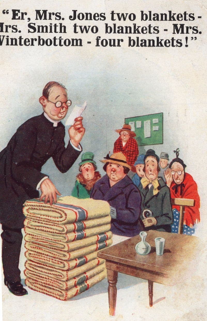 Village Hall Vicar Priest Jumble Sale Meeting Old Comic Postcard