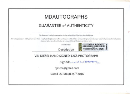 Vin Diesel in Riddick Giant 12x8 Hand Signed Photo & MORE