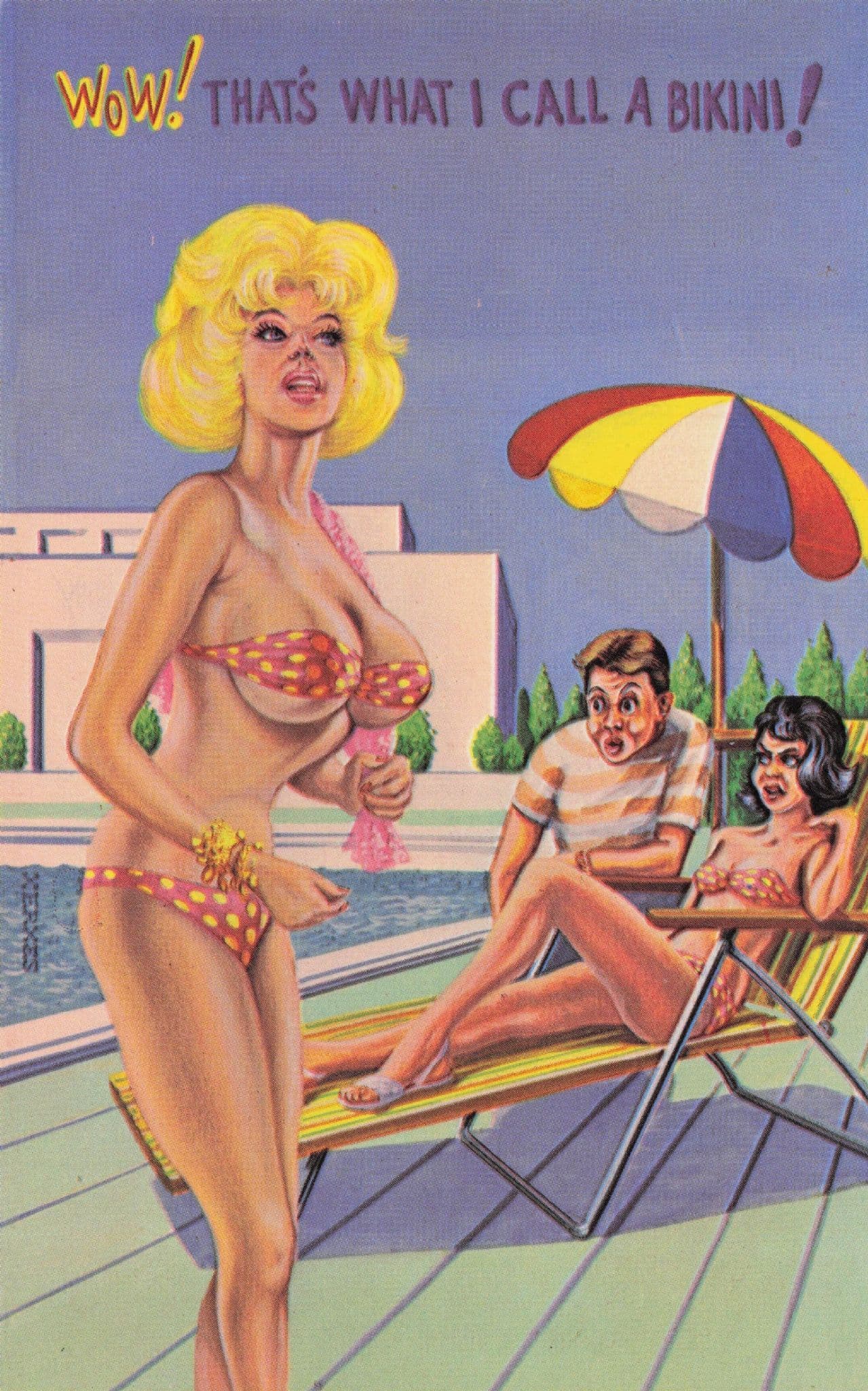 Vintage 1950s Swimsuit Bikini Swimming Pool Comic Postcard