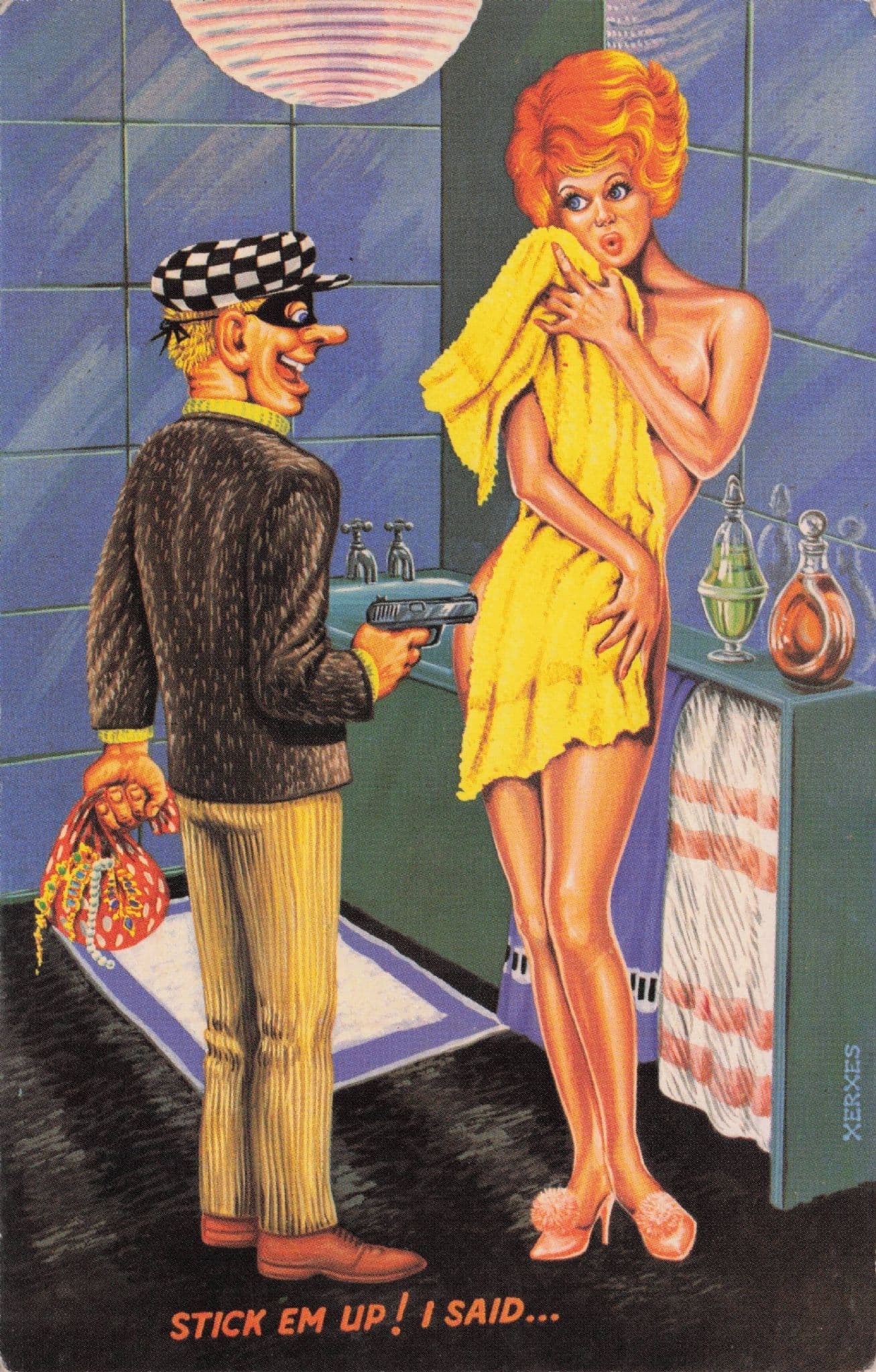 Vintage Burglar Robber Gun Stick Em Up 1950s Comic Postcard