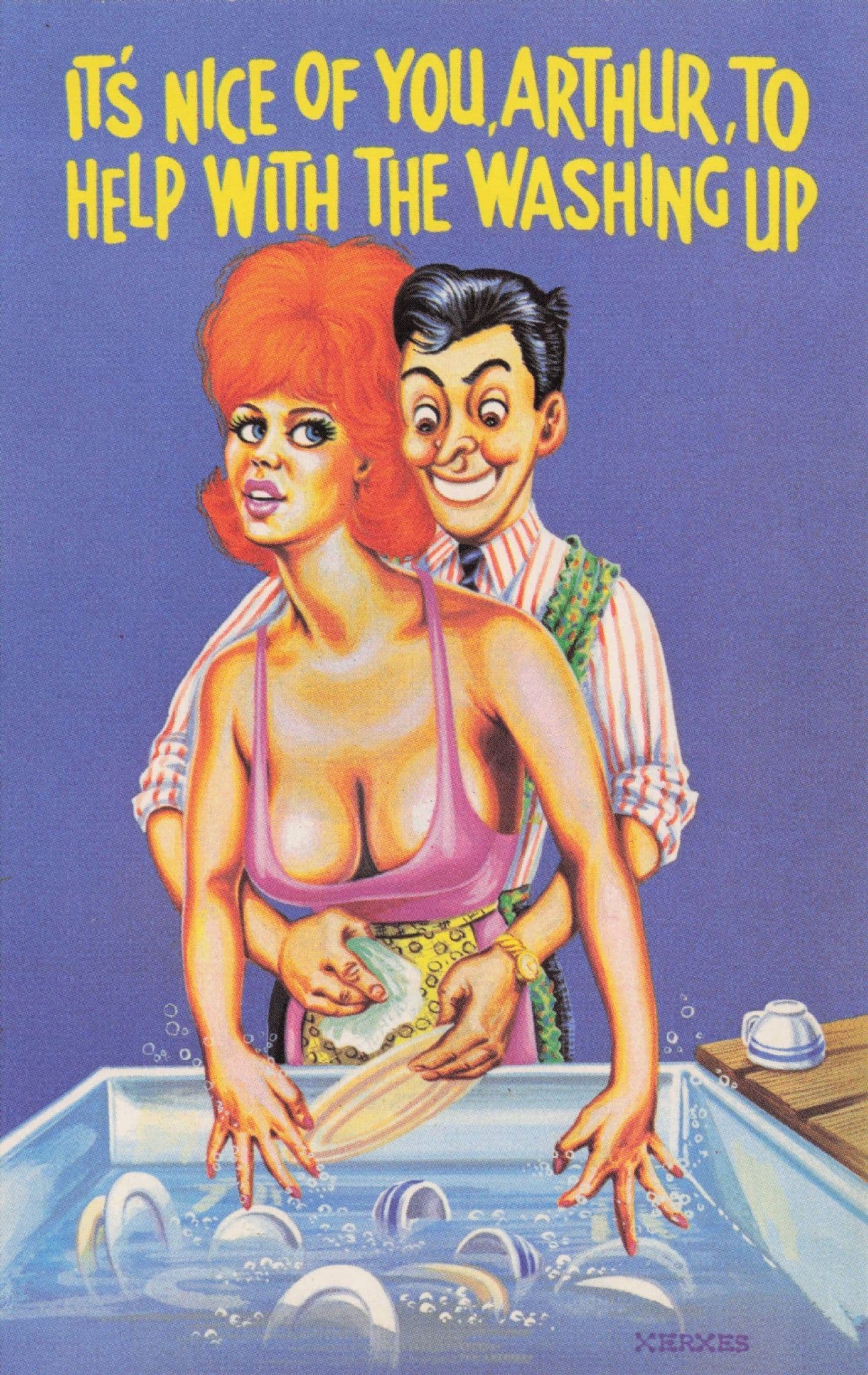 Vintage Kitchen 1950s Washing Up After Sex Old Comic Postcard